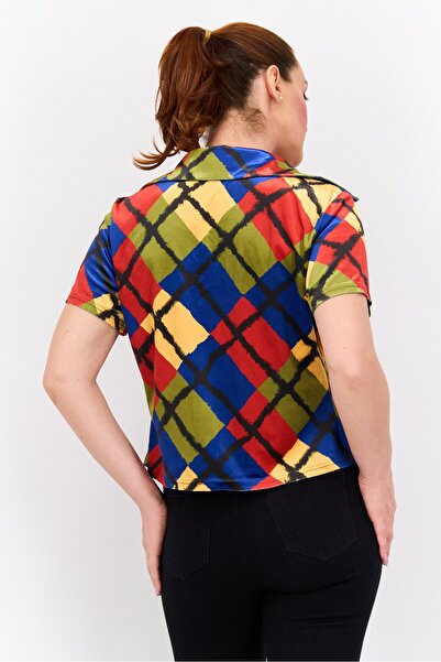 Labelrail x Franceska Perks Women Lapel Collar Allover Print Blouse, Multicolor