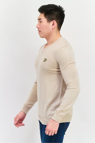 Lyle & Scott Men V-neck Embroidered Logo Sweater, Taupe