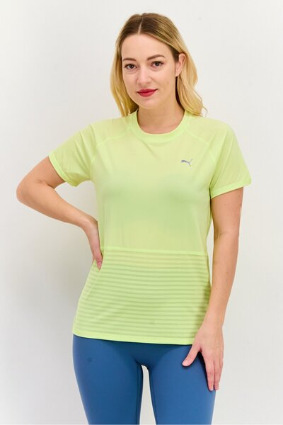 Puma تي شيرت رياضي نسائي بأكمام قصيرة للجري، أخضر ليموني