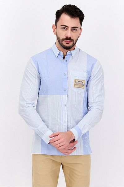 Scotch & Soda Men Regular Fit Stripe Long Sleeves Casual Shirt, Light Blue