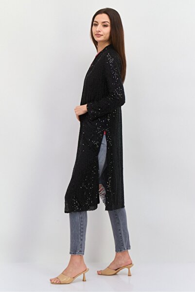 Black Tape Women Open Front Long Sleeve Mesh Embellished Cardigan, Black