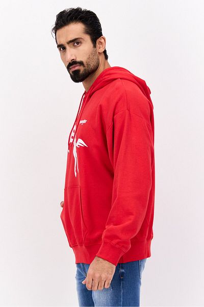 WRANGLER Men Crew Neck Long Sleeve Brand Logo Hooded Sweatshirt, Red