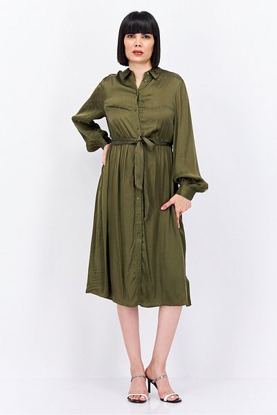 Scotch & Soda Women Textured Belted Shirt Dress, Olive