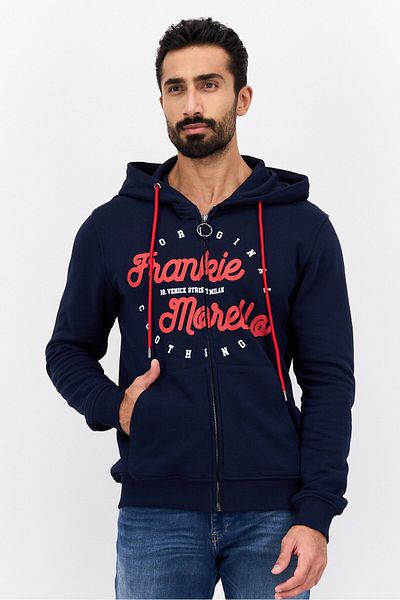 Frankie Morello Men Hood With Drawstring Long Sleeve Brand Logo Sweatshirts, Navy
