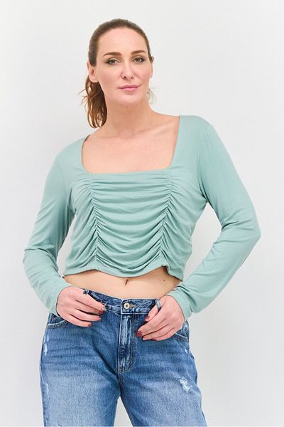 Calvin Klein Women Square Neck Long Sleeve Ruched Top, Slate Green
