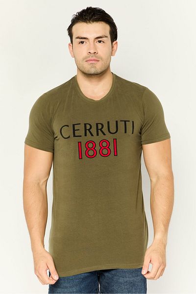 Cerruti 1881 تي شيرت رجالي بشعار العلامة التجارية بأكمام قصيرة ورقبة دائرية، زيتوني