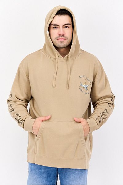 Salty Crew Men Hood With Drawstring Long Sleeve Brand Logo Sweatshirts, Dark Beige Combo