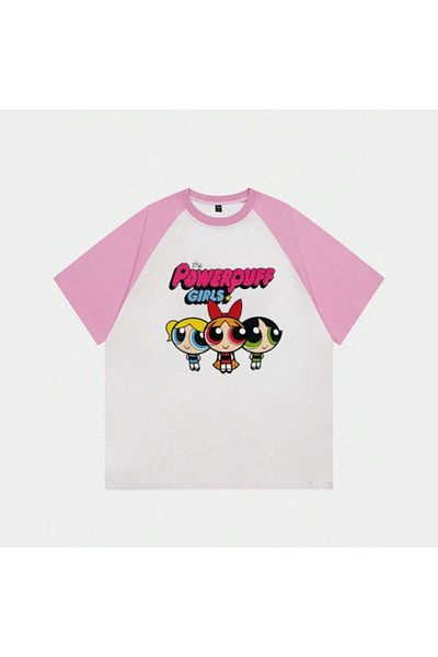 Touz Moda Λευκό Unisex Pink Raglan PowerPuff Girl T-Shirt