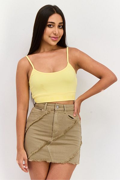 NA-KD Women Scoop Neck Sleeveless Brand Logo Crop Top, Yellow