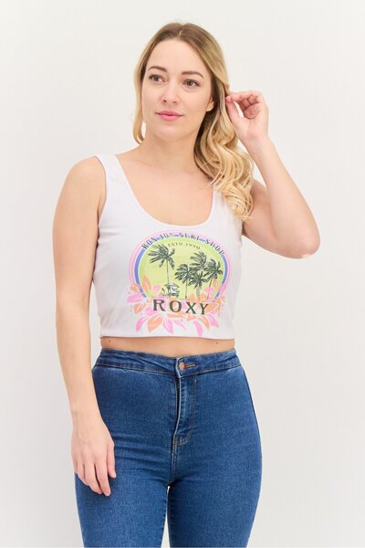 Roxy بلوزة نسائية قصيرة بدون أكمام ورقبة على شكل حرف U، باللون الأبيض