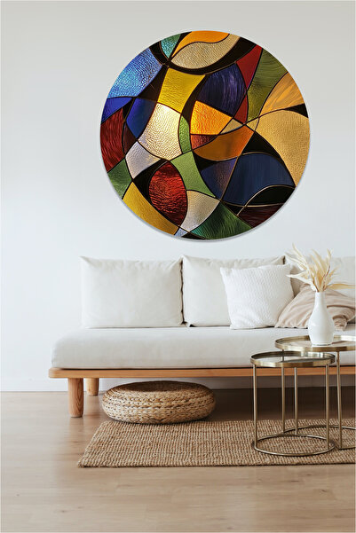 KOSS Dijital Renkli Vitray Desenler Yuvarlak Sticker, Yuvarlak Şekilli Sticker, Modern Soyut Renkli Duvar Dekoru