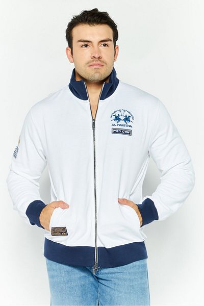 La Martina Men Mock Neck Brand Logo Long Sleeves Full Zip Sweatshirt, White Combo
