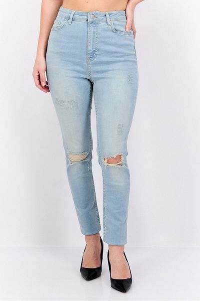 NA-KD Women Regular Fit Rip Stretchable Jeans, Light Blue