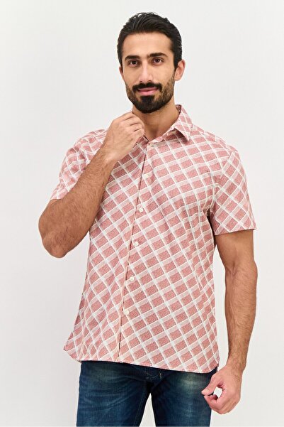 Perry Ellis قميص رجالي كاجوال بأكمام قصيرة وطبعة تجريدية، كستنائي اللون