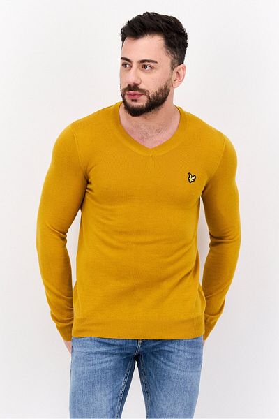 Lyle & Scott Men V Neck Embroidered Logo Long Sleeve Sweater, Yellow