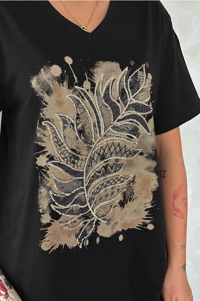 FEMELLE Tricou de damă, negru, cu decolteu în V, cu model de frunze, cu paiete, brodat 100% bumbac
