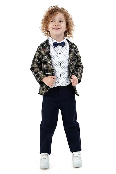 Monttini Boy's 4-Piece Suit Plaid Jacket, White Shirt, Bow Tie and Pants