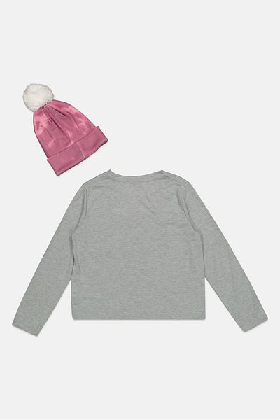 Hurley Kids Girl 2 Pcs Graphic Print Long Sleeve T-shirts And Beanie Hat Sets, Heather Grey