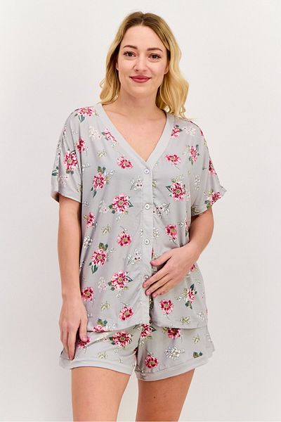 Anne Klein Women 2 Pieces Short Sleeve Floral Print Top And Short Set, Grey Combo
