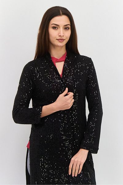 Black Tape Women Open Front Long Sleeve Mesh Embellished Cardigan, Black