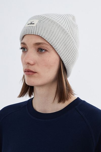 Nordbron Women's Light Gray Knitwear Plain Soft Beanie with Logo Stretchy Winter Double Fold Basic Jenson