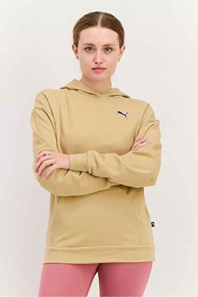 Puma هودي نسائي رياضي بأكمام طويلة للخارج، لون بيج غامق