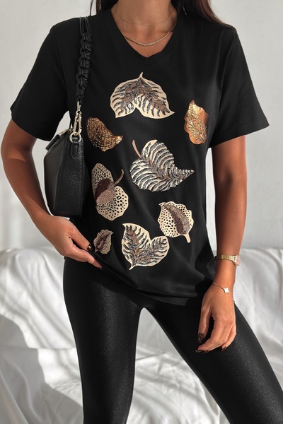 FEMELLE Women's Black V-Neck Large Size Leaf Sequin Sequin Embroidered 100% Cotton Large Size T-Shirt