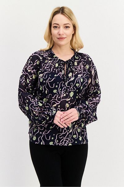Scotch & Soda Women Tie Neckline Allover Print Long Sleeve Top, Navy Blue