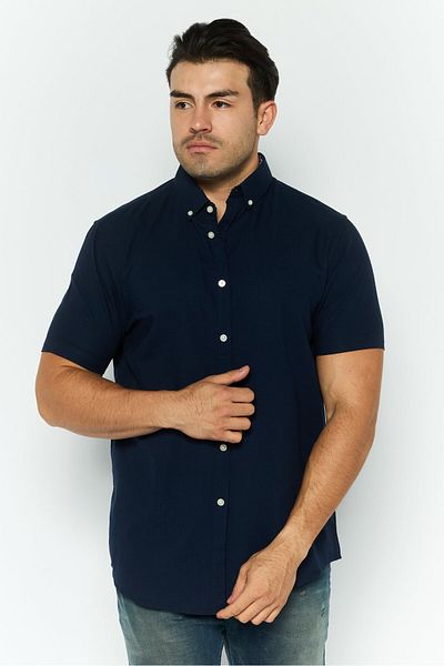Threadbare Men Slim Fit Embroidered Short Sleeves Casual Shirt, Navy Blue