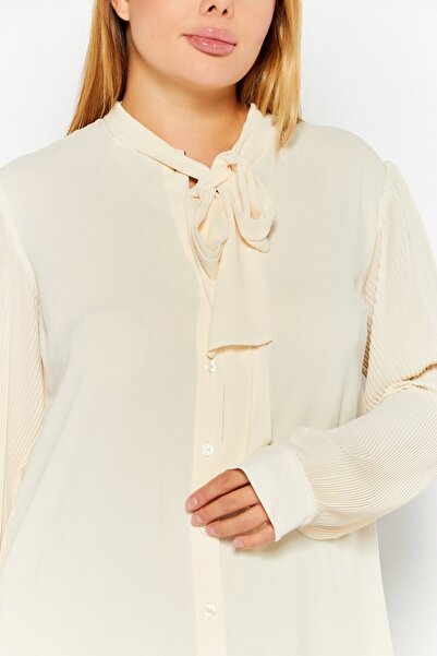 Michael Kors Women Tie Neck Long Sleeves Textured Blouse, Beige