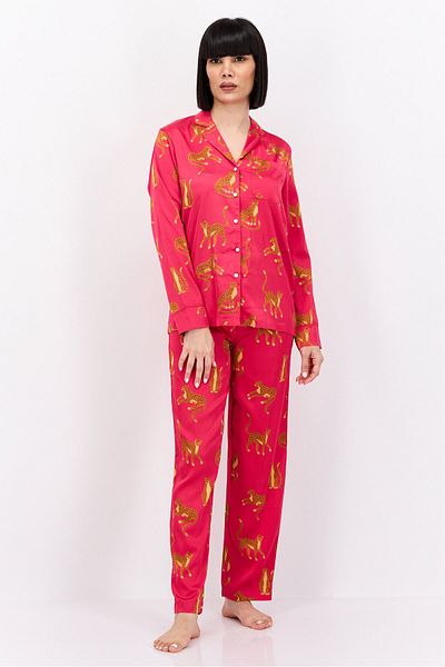 Bebe Women 2 Piece Allover Print Pajama Top And Drawstring Pants Set, Pink