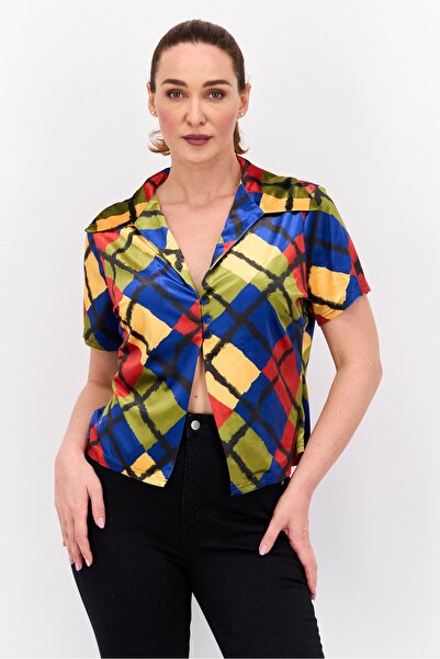 Labelrail x Franceska Perks Women Lapel Collar Allover Print Blouse, Multicolor