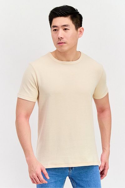 Denim & Flower Men Crew Neck Short Sleeve Textured T Shirt, Beige