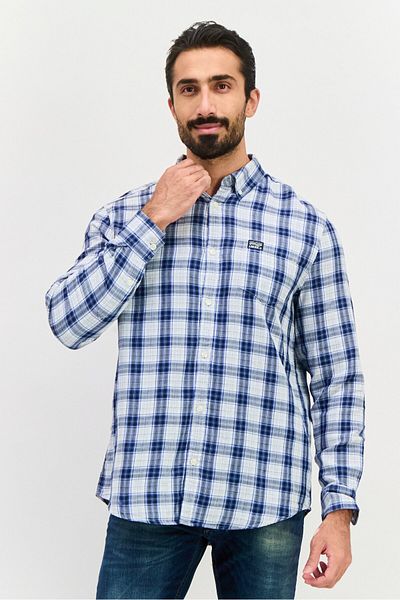 Perry Ellis Men Regular Fit Long Sleeves Plaid Casual Shirt, Navy