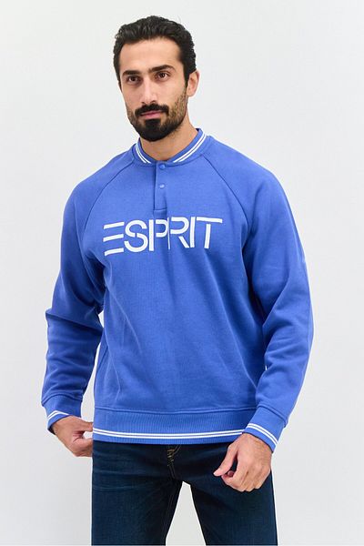 Esprit Men Band Collar Long Sleeve Brand Logo Sweatshirts, Blue