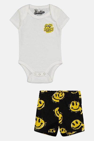 Brooklyn Toddlers Boy 2 Piece Short Sleeves Bodysuit And Shorts, White Combo