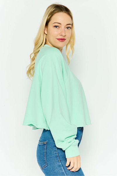 NIA Women Crew Neck Long Sleeve Solid Crop Sweatshirt, Mint Green