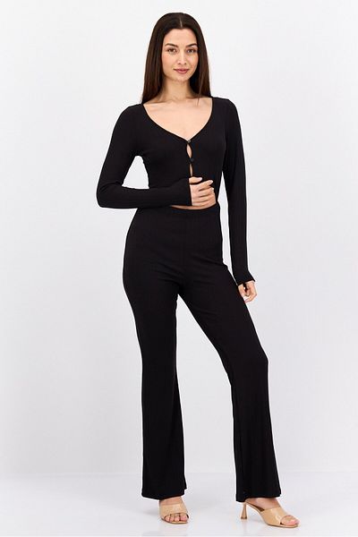 Monki Women Ribbed Long Sleeve Jumpsuit, Black