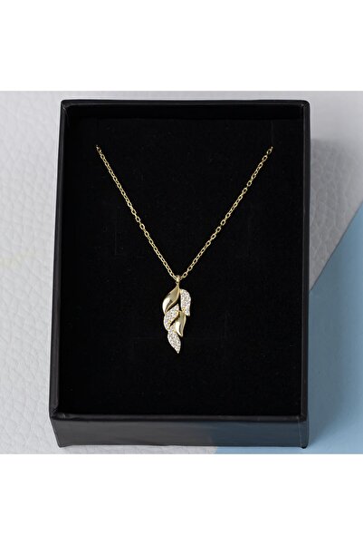NAGISS Yaprak Model Zirkon Taşlı 925 Ayar Gümüş Gold Rengi Kadın Kolye