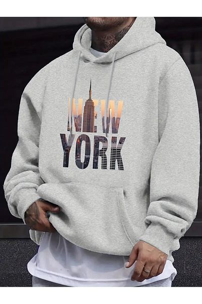 Pink Sky New York Printed Oversize Hooded Kangaroo Pocket