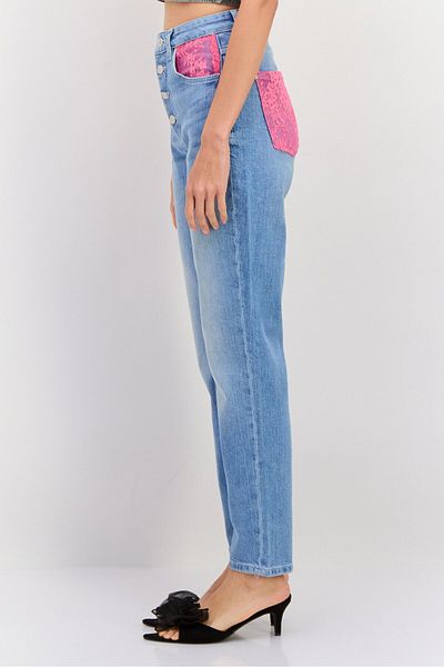 Guess Women Mon Fit Washed Tapered Denim Jeans, Blue