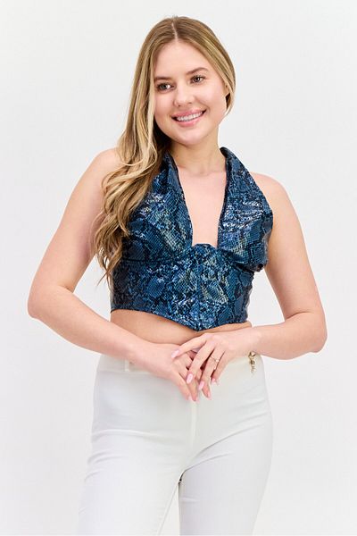 Missguided Women Halter Neck Sleeveless Snake Skin Top, Blue