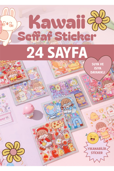 WALLHUMAN 24 Sayfa Şeffaf Kawaii Sevimli Suya Dayanıklı Sticker Etiket Seti- ...