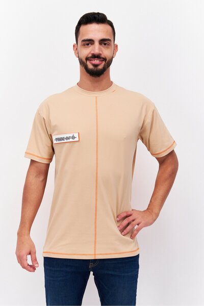 Tribe of 6 Men Crew Neck Short Sleeve Embroidered Logo T-Shirt, Tan