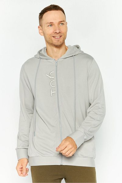Tribe of 6 Men Embroidered Long Sleeves Full Zip Hoodie, Light Grey