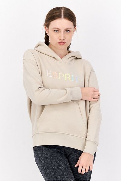 Esprit Women Hood Neck Brand Logo Hoodie, Beige Combo