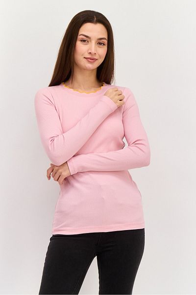 Esprit Women Ruffle Neck Textured Long Sleeves Top, Pink