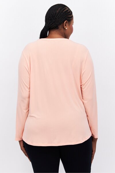 INC Women Plus Size Split Neck Long Sleeve Plain Top, Blush Orange
