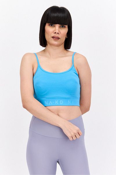 NA-KD Women Scoop Neck Sleeveless Brand Logo Crop Top, Horizon Blue
