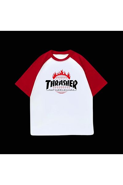 Touz Moda Бяла унисекс червена тениска Raglan Thresher